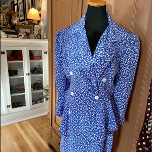 Playful Periwinkle Blue & White Floral 80’s Peplum Skirt Office Dress Large